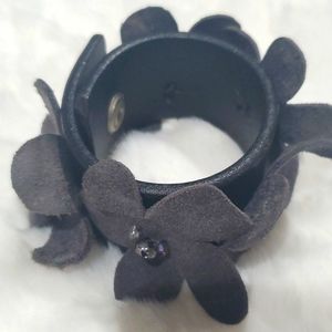 Leather cuff black gray flowers